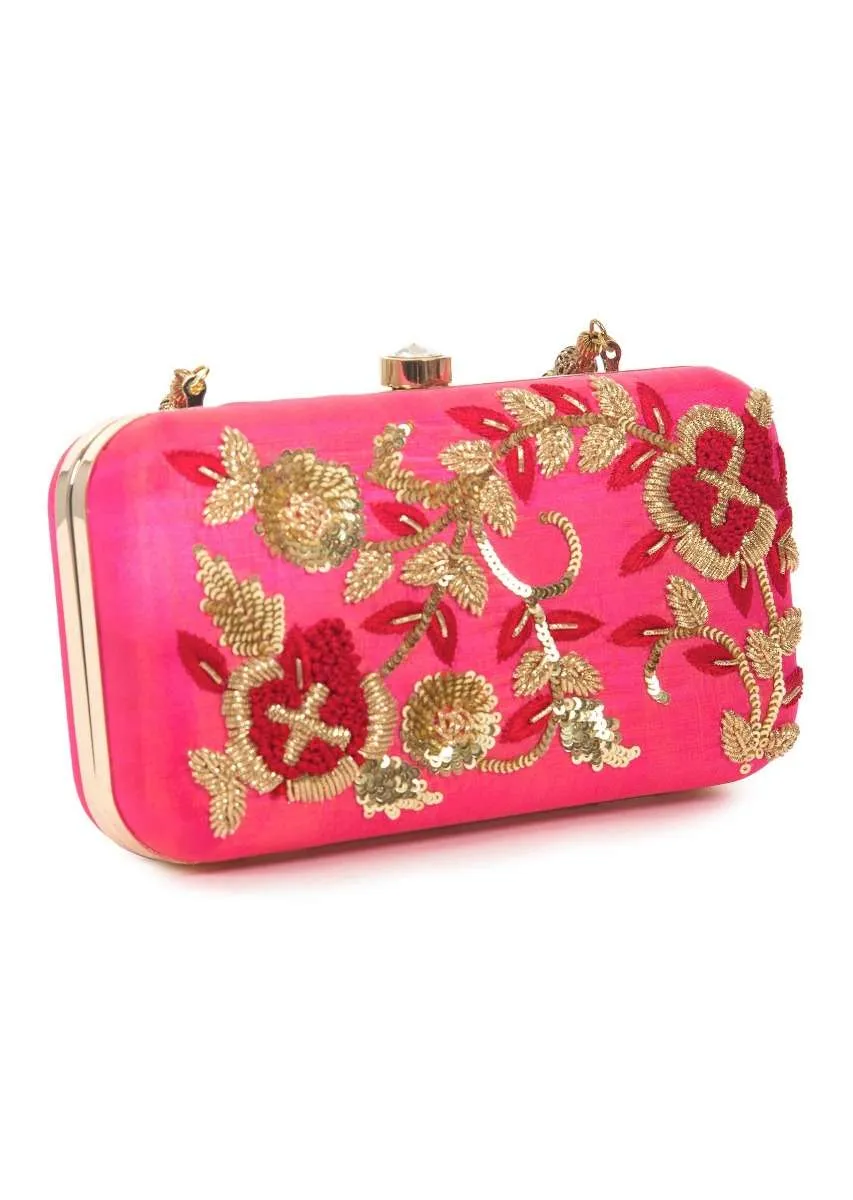 Candy pink Pearl and Zardosi Work Box Clutch