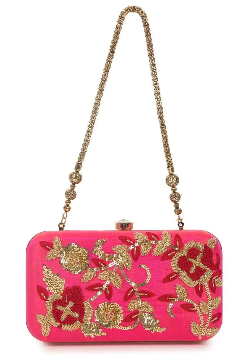 Candy pink Pearl and Zardosi Work Box Clutch