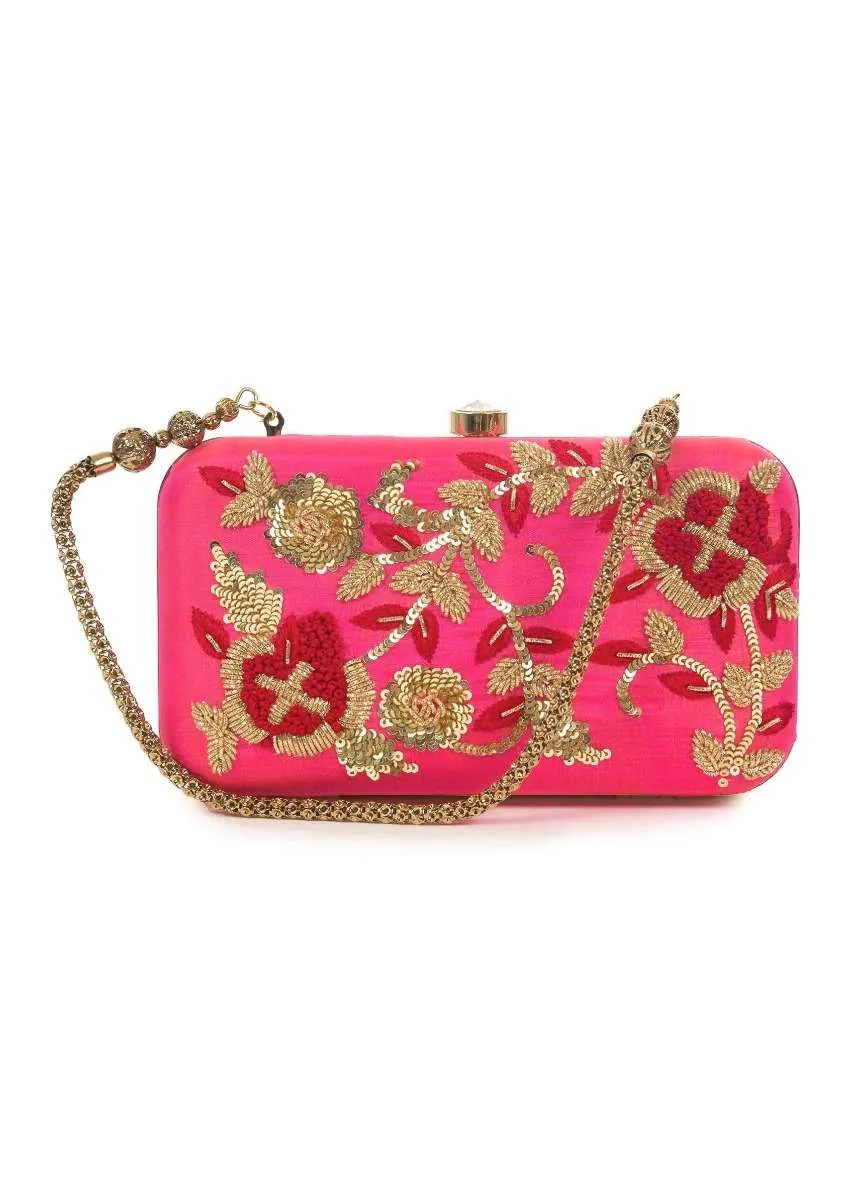 Candy pink Pearl and Zardosi Work Box Clutch