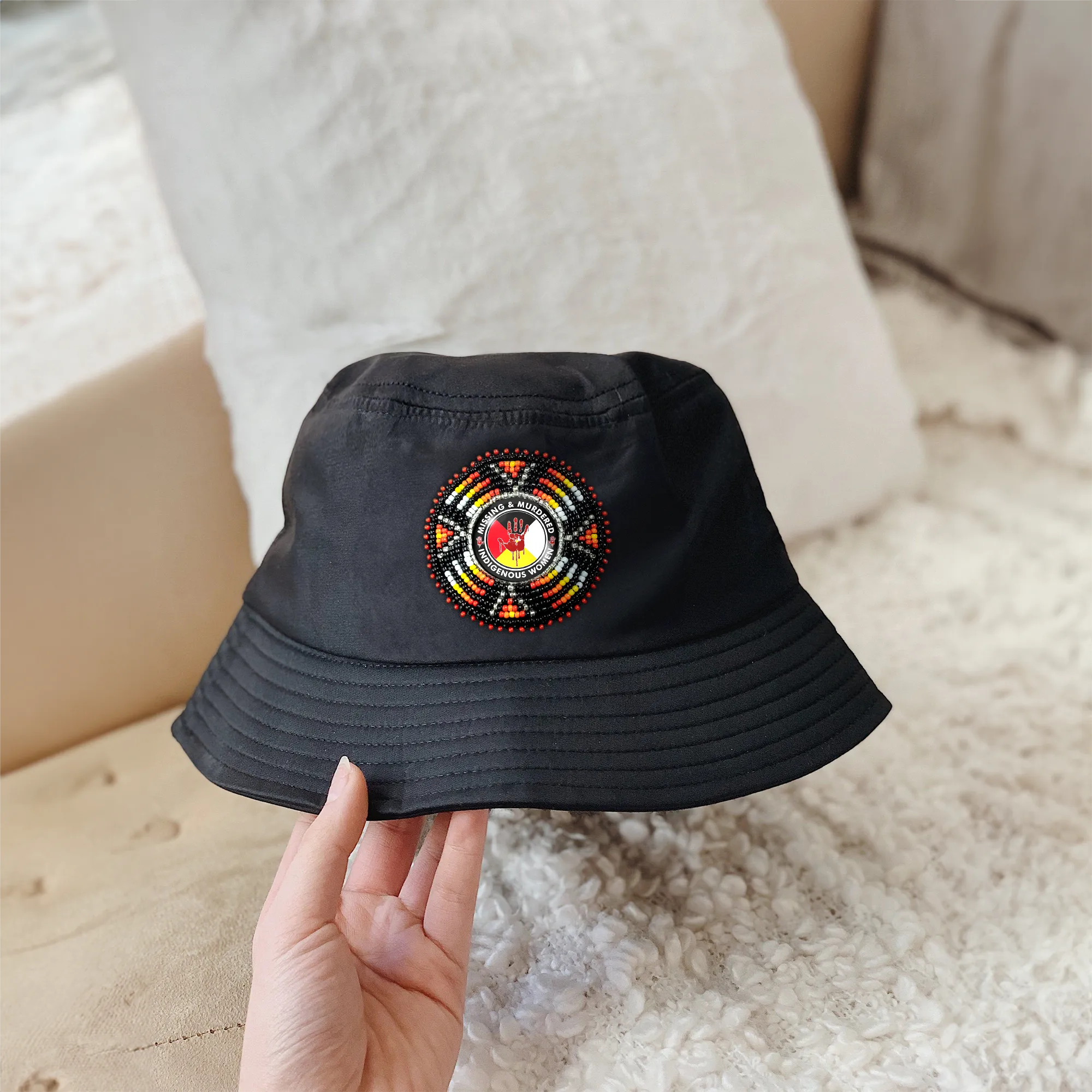 SALE 50% OFF - Missing and Murdered Indigenious Women Beaded Unisex Cotton Bucket Hat with Native American